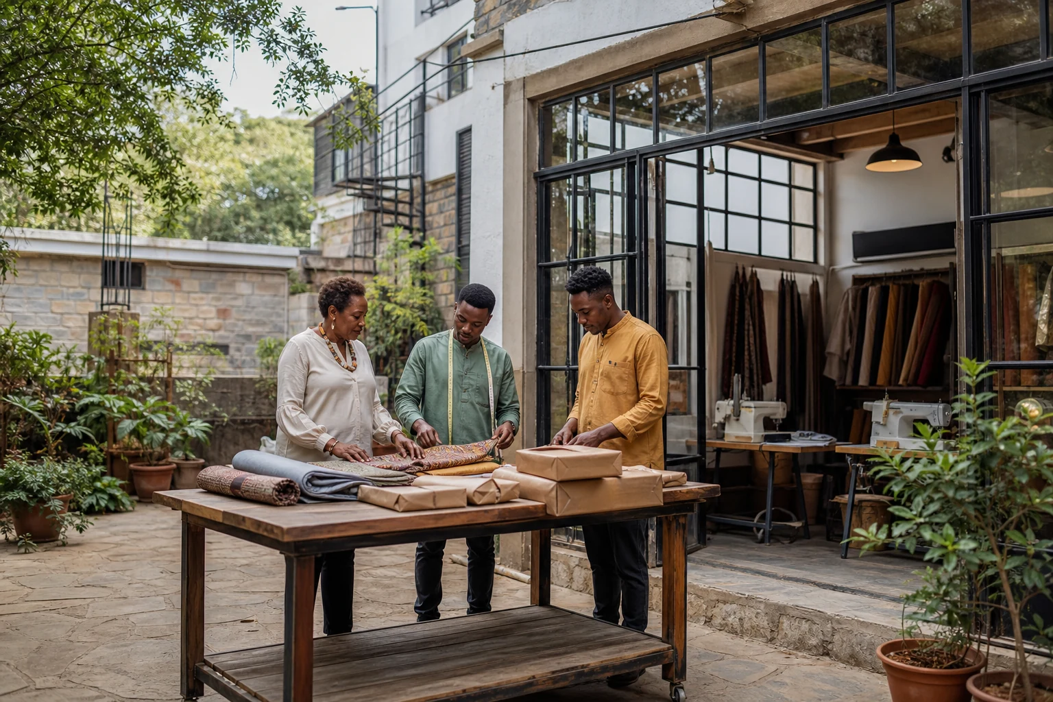 Illustrative Kenyan textile business team working in a sunny commercial courtyard