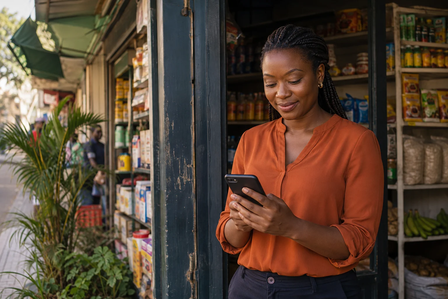 Illustrative Kenyan shop owner outside her business