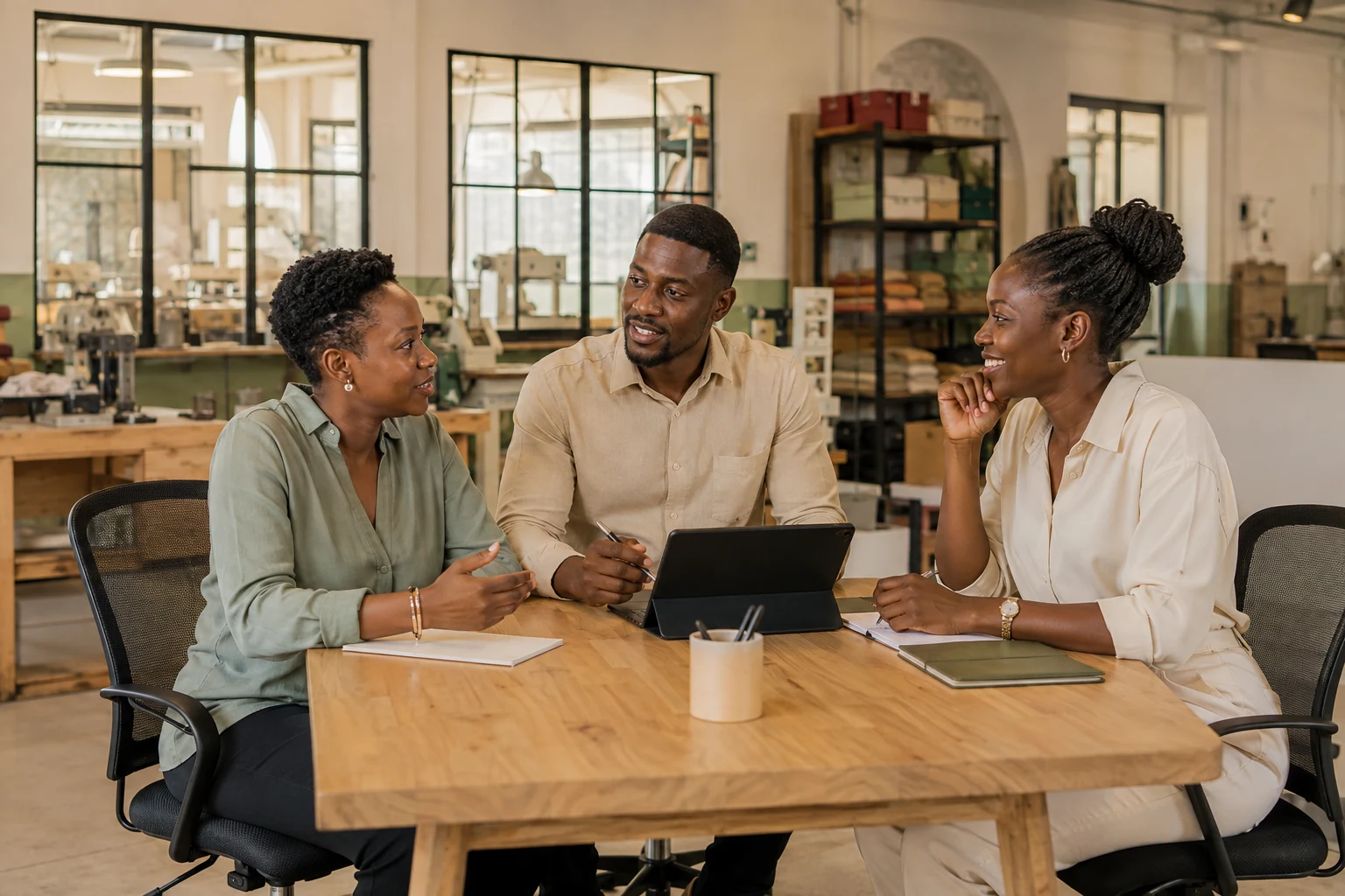 Illustrative Kenyan colleagues discussing plans in a light-filled workplace