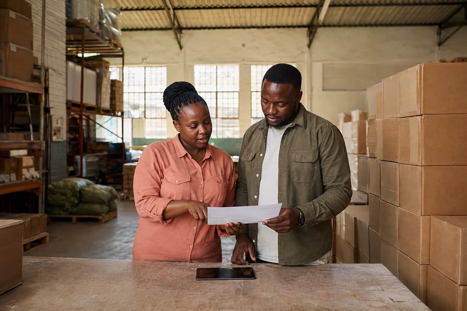 Illustrative Kenyan supply-chain partners reviewing a delivery in a warehouse