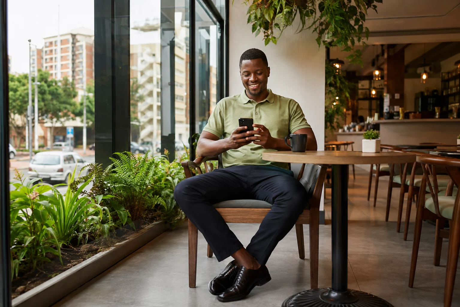 Illustrative Kenyan professional using his phone in a Nairobi café